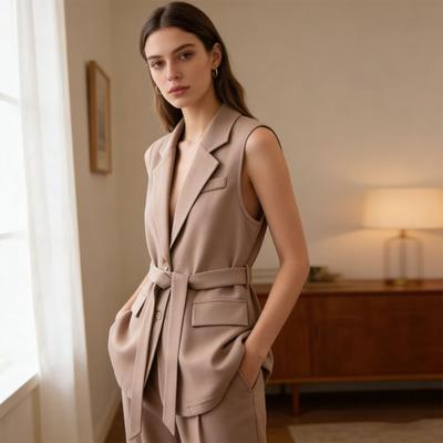 Women's Sleeveless Blazer Vest Button Lapel Collar Work Jacket Fall Casual Long Dressy Coat with Belt