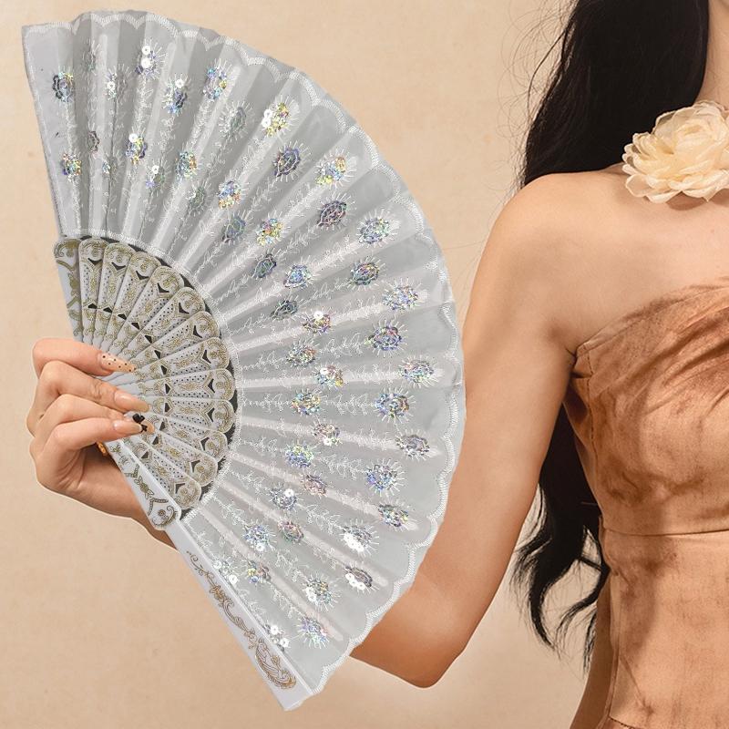 Decorative Sequin Fan Embroidery Fan Chinese Style Folding Fan Peacock Fans Sequin Dance Fan Hand Heldfan Performance Props