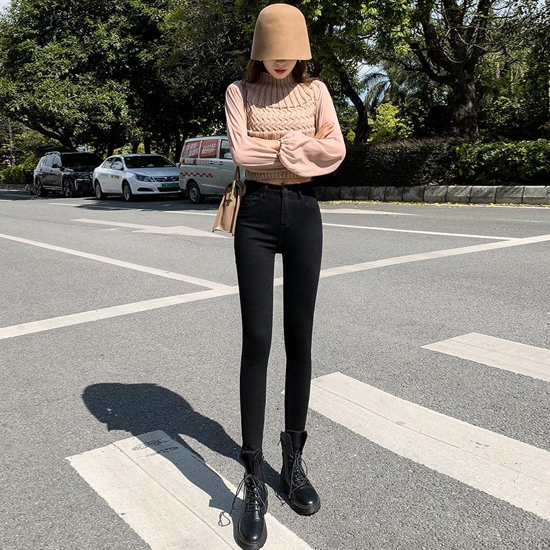 Women's High Waist Stretchy Skinny Black Jeans, Plus Velvet, Thickened, Plus Size, Spring Collection