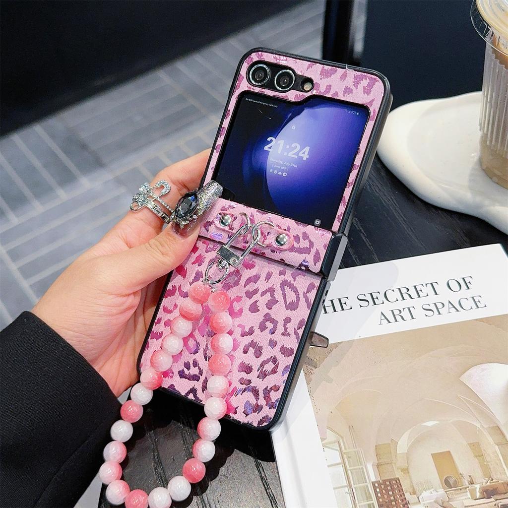 For Samsung Galaxy Z Flip6 5G Case Leopard Print Leather+PC Phone Cover with Beaded Strap
