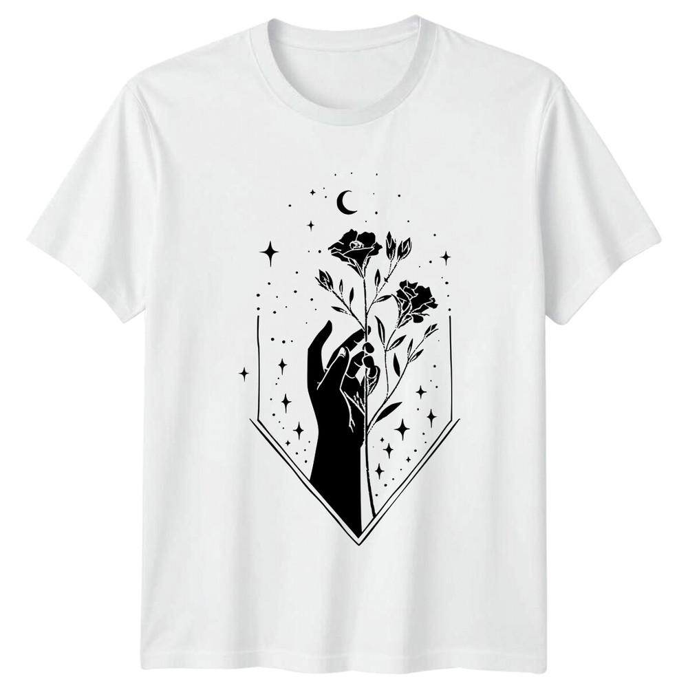 Witchy Hand Holding Flowers Celestial Moon Stars Magic TShirt S