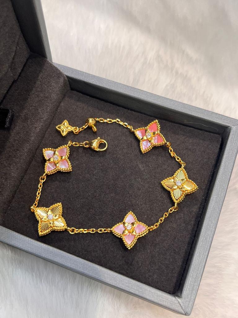 Light Luxury Powder Shell Purple Chalcedony Laser Four-Leaf Clover Five-Flower Bracelet Retro Court Style Sweet Temperament Necklace