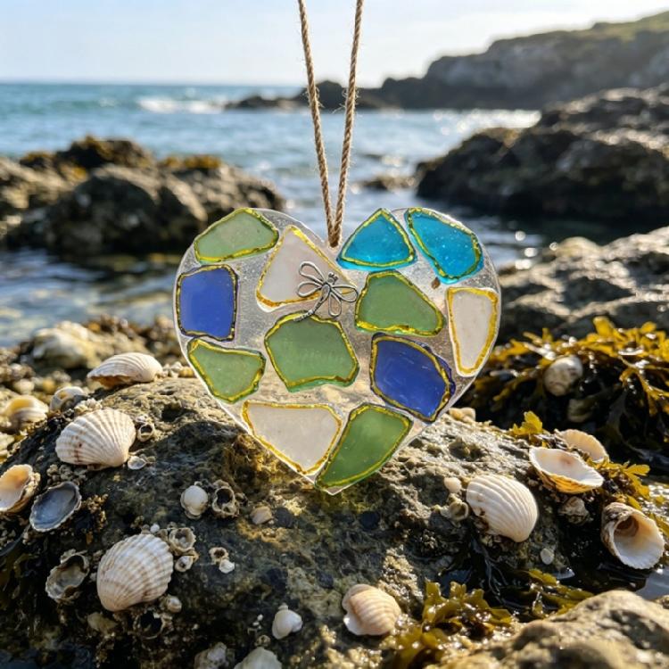 Blue Green White Sea Glass Pendant Hanging Decoration Sea Glass Heart Ornament for Living Room Decoration Car Interiors
