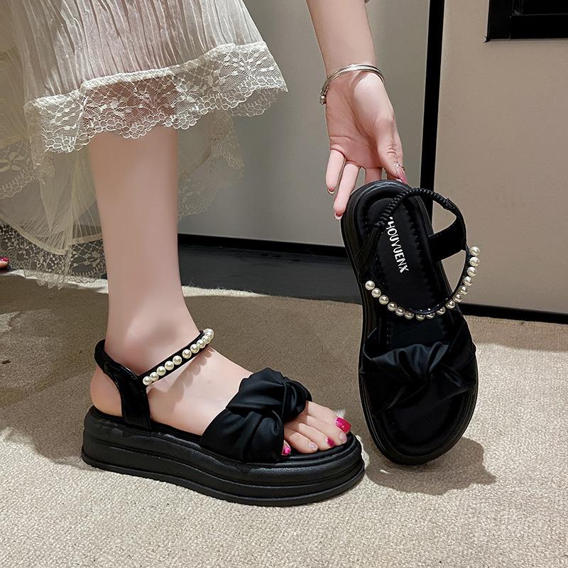 Bow pearl belt muffin bottom platform sandals women's 2025 summer new fashion simple beach soft sole women's shoes