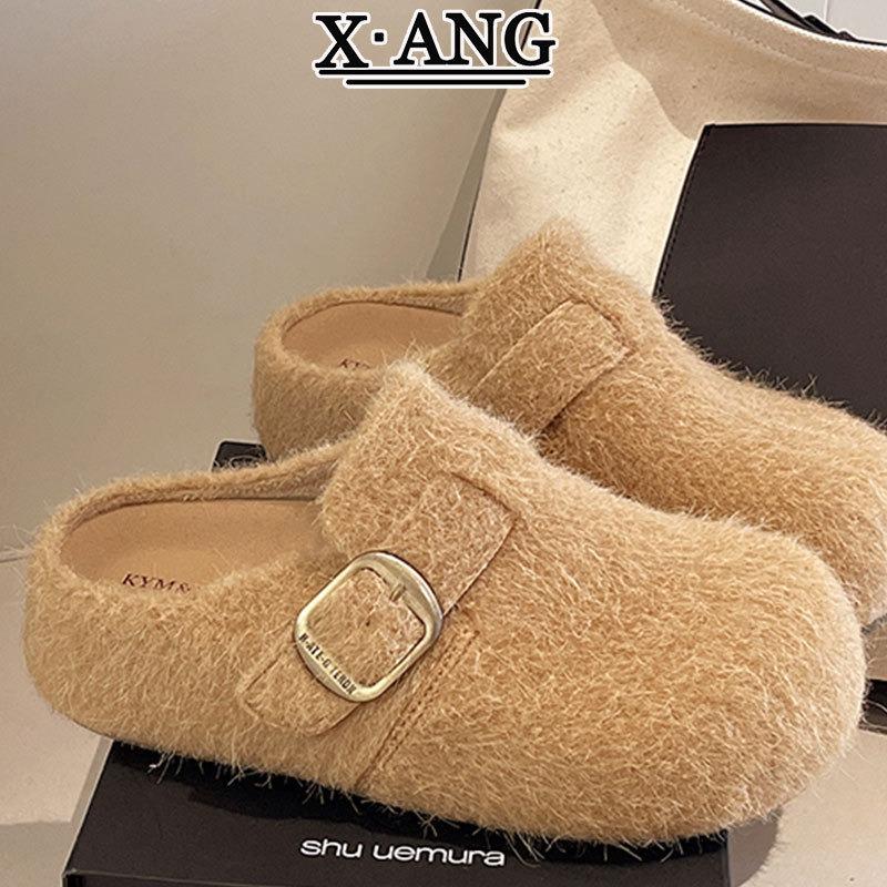 Leather thick-soled outer wear bag head half slippers autumn and winter new one-pedal lazy shoes fluffy shoes