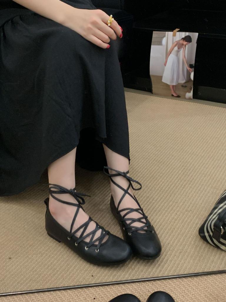 2025 spring new women's shoes lace-up gentle ballet style flats casual flat heels soft small leather shoes women