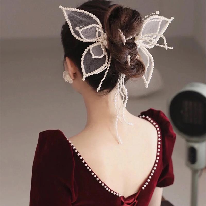 2pcs Handmade Beaded Butterfly Tassel Hair Clip Bridal Wedding Dress Banquet Makeup Headband Hair Accessories Hairband Decor