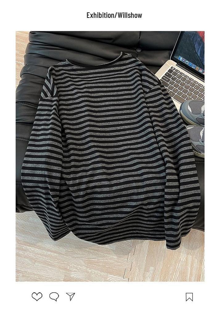 Damernas Oversized Svart och Grårandiga Långärmade T-shirt - Hösten 2025 Stil
