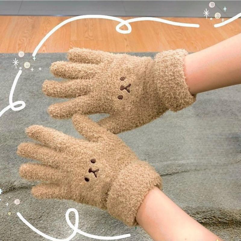 Cute Cartoon Bear Embroidered Thickened Warm Women's Winter Knit Plush Gloves, Cycling Gloves, Outdoor Warm Gloves