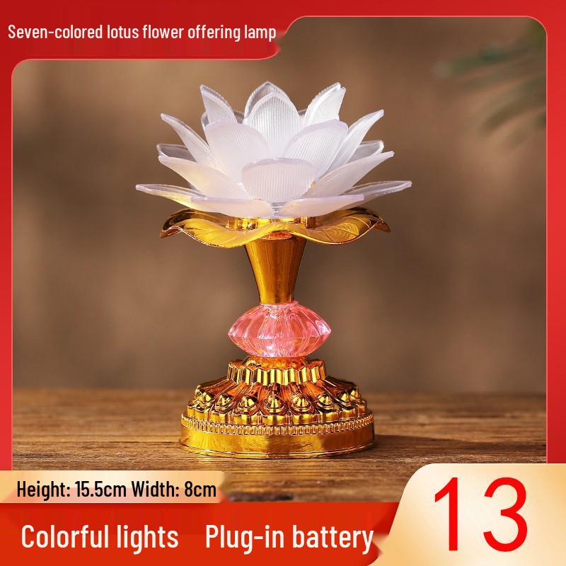 Seven-Color LED Rechargeable Buddha Offering Lamp - Lotus Design for Home and Guanyin Devotion.
