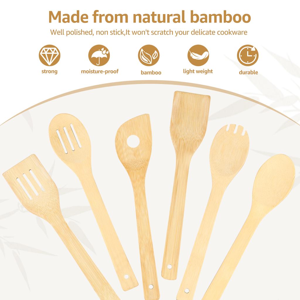 12Pcs Bamboo Cooking Utensils Set Non Stick Bamboo Spoon Spatula Enduring Kitchen Utensil Wooden Cooking Tools Mixing Set