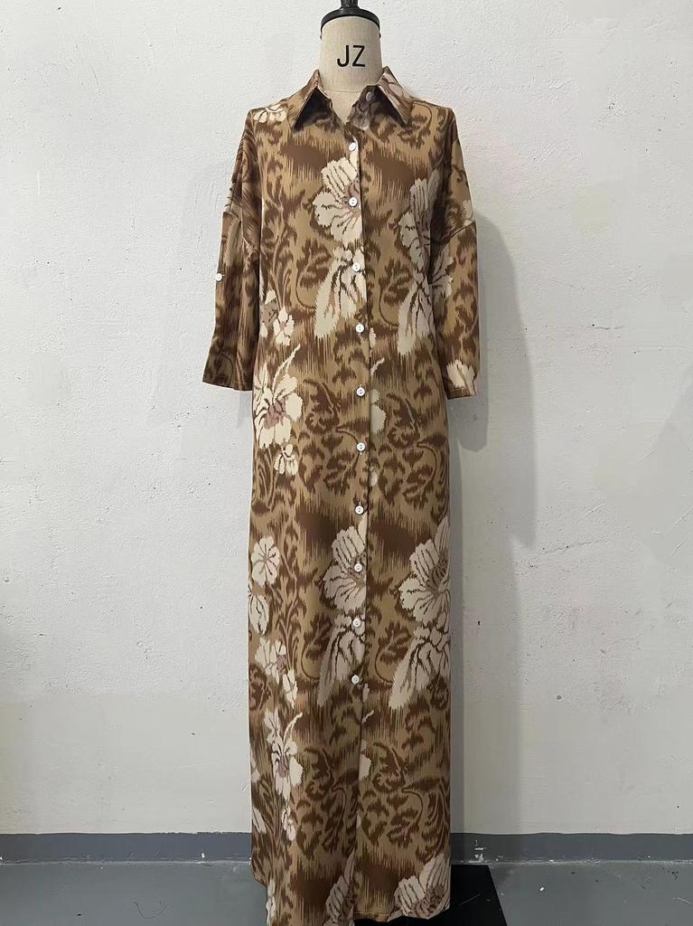 Ladies Floral Print Long Sleeve Maxi Dress Pleated Formal Party Dress