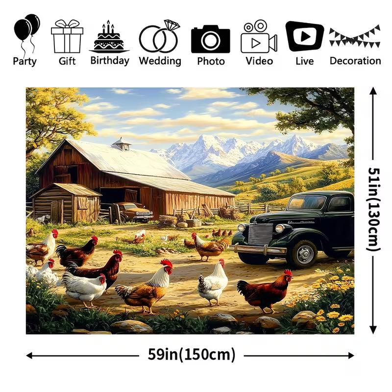 2D Rustic Farm Wall Hanging, Chickens, Barn, Classic Truck and Landscape
