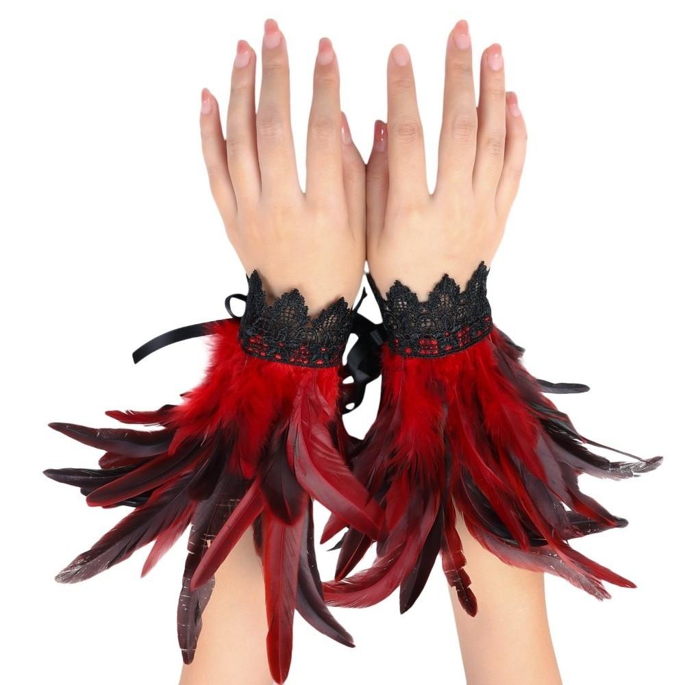 Black Halloween Arm Cuff Gloves Lace Wristband Vintage Plume Bracelet Costume Prop