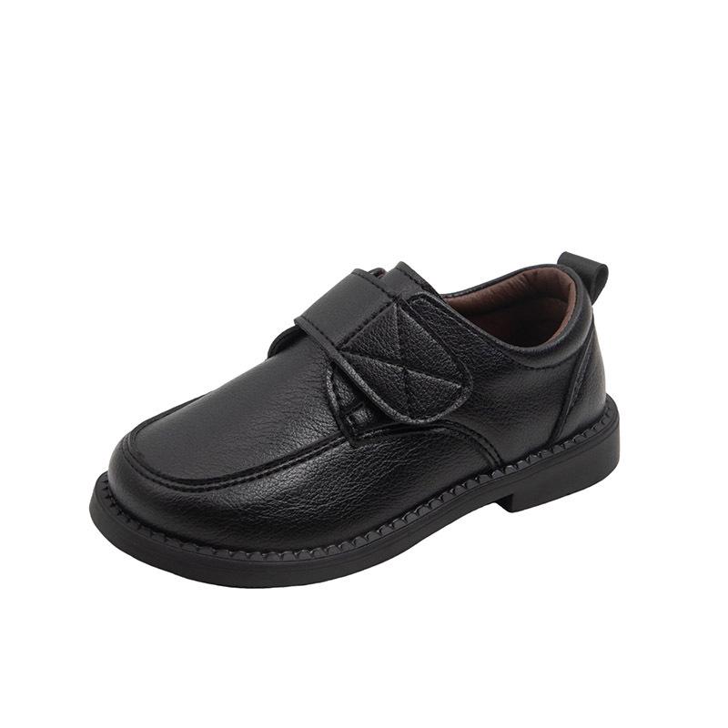 Matowe czarne skórzane buty casualowe w stylu brytyjskim dla chłopców, antypoślizgowe, na rzepy (Wiosna jesień)