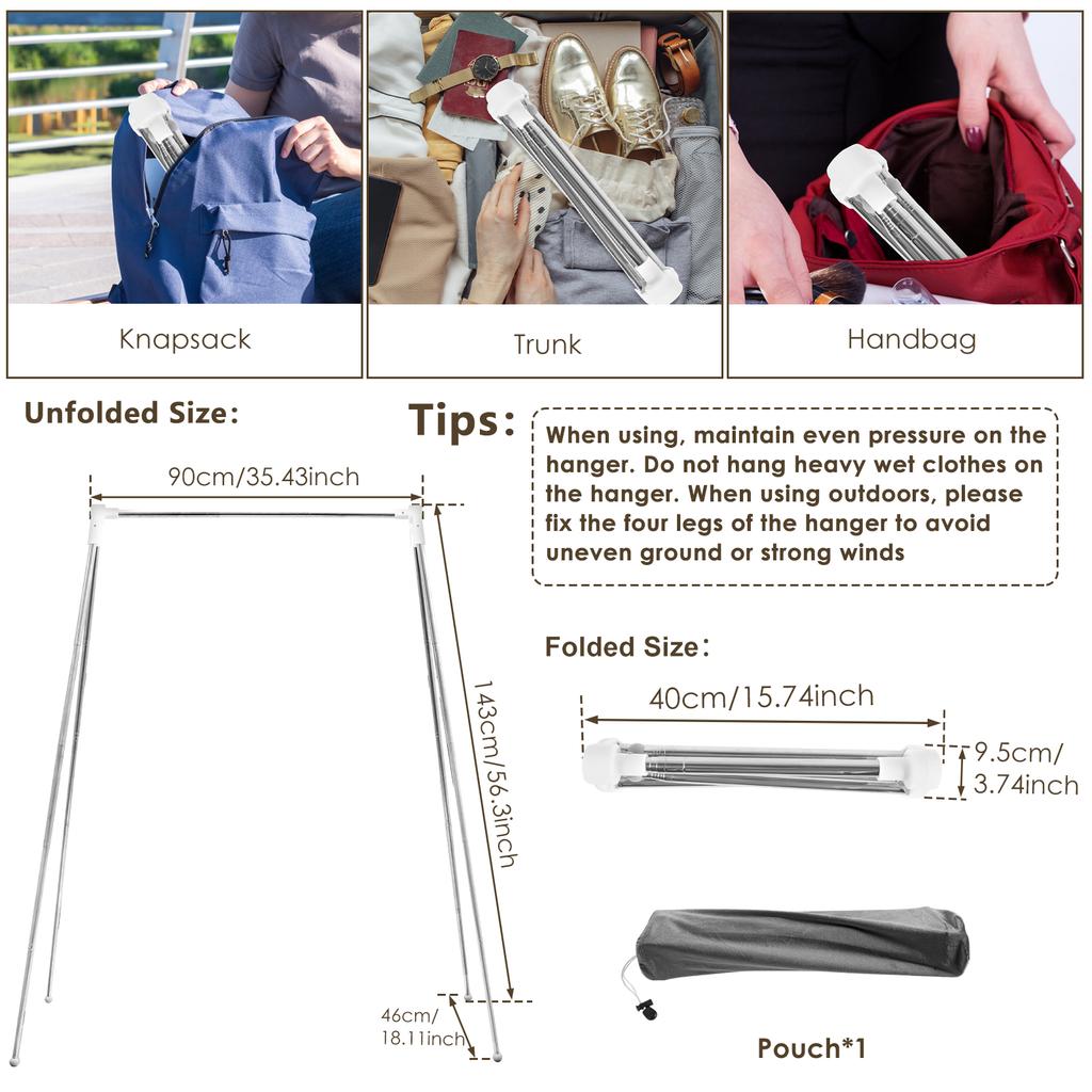 Foldable Clothes Drying Rack Stainless Steel Floor Stand Clothes Hanger Retractable Portable Travel Garment Rack for Outdoor