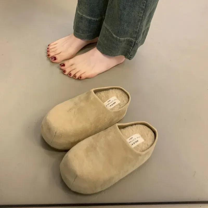 Winter Short Plush Women Mules Slippers Casual Shallow Slip On Ladies Comfort Outdoor Platform Flats House Cotton Shoes