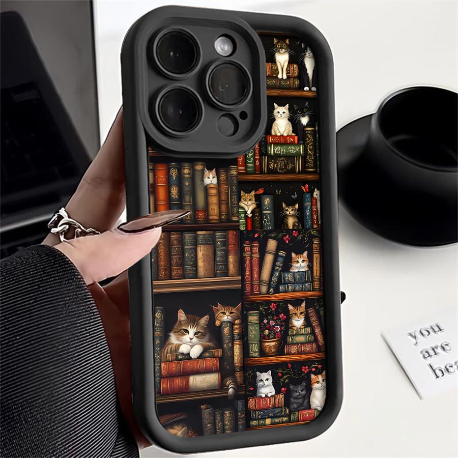

Phone Case for iPhone 16 15 Pro Max 13 12 11 Pro 14ProMax 16Plus 12Pro 16e 13Pro Soft Cover Shell Vintage Bookshelf Kitten iPhone 16 Pro