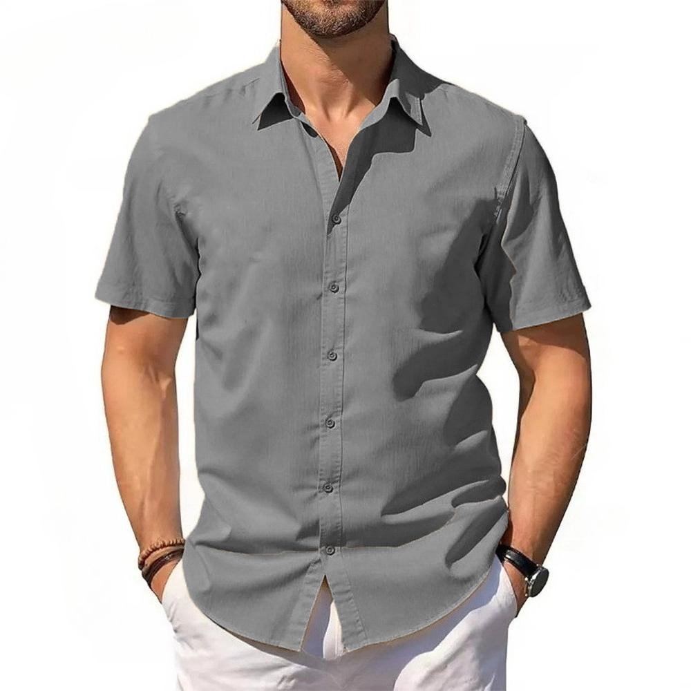 Męskie Bawełniane lniane koszule męskie z krótkim rękawem Lato Jednolity kolor Kołnierzyk wykładany Swobodny styl plażowy Bluzki w dużych rozmiarach