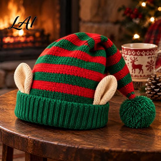 Comfortable Elastic Hat Christmas Elf Knitted Hat Ears And Fluffy Fur Ball Decor Soft Funny Cosplay Headwear Acrylic Striped Cap for Winter Festive