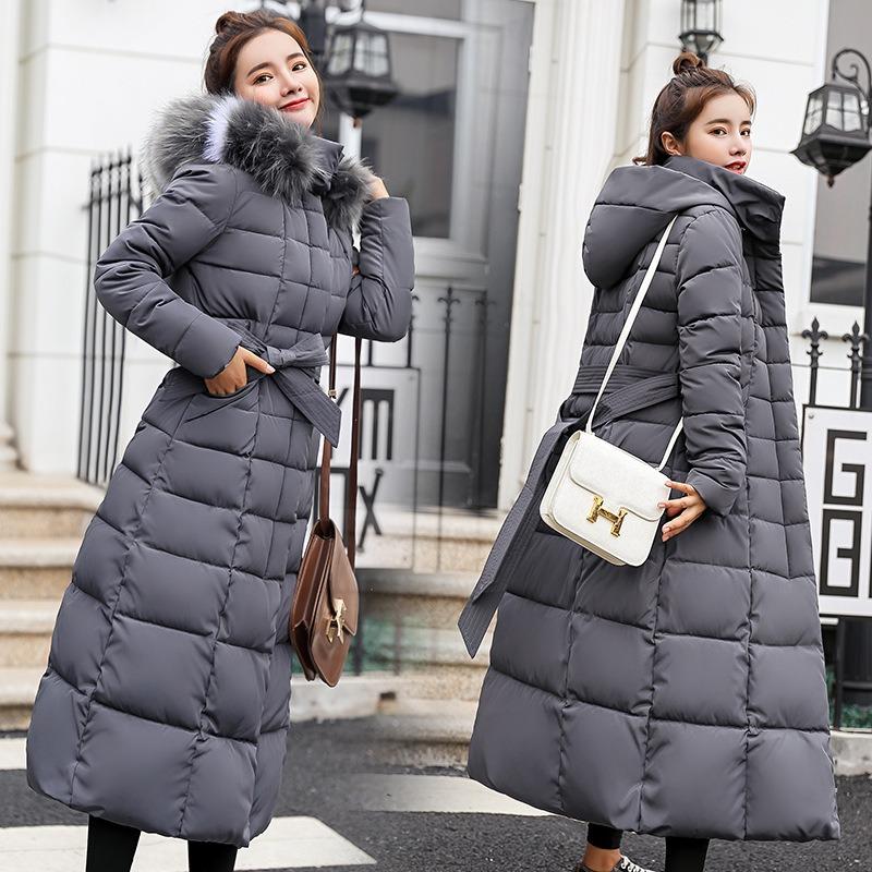 Winter new lace-up long cotton-padded clothes for women over the knee thickened warm hooded solid color large fur collar down cotton clothes
