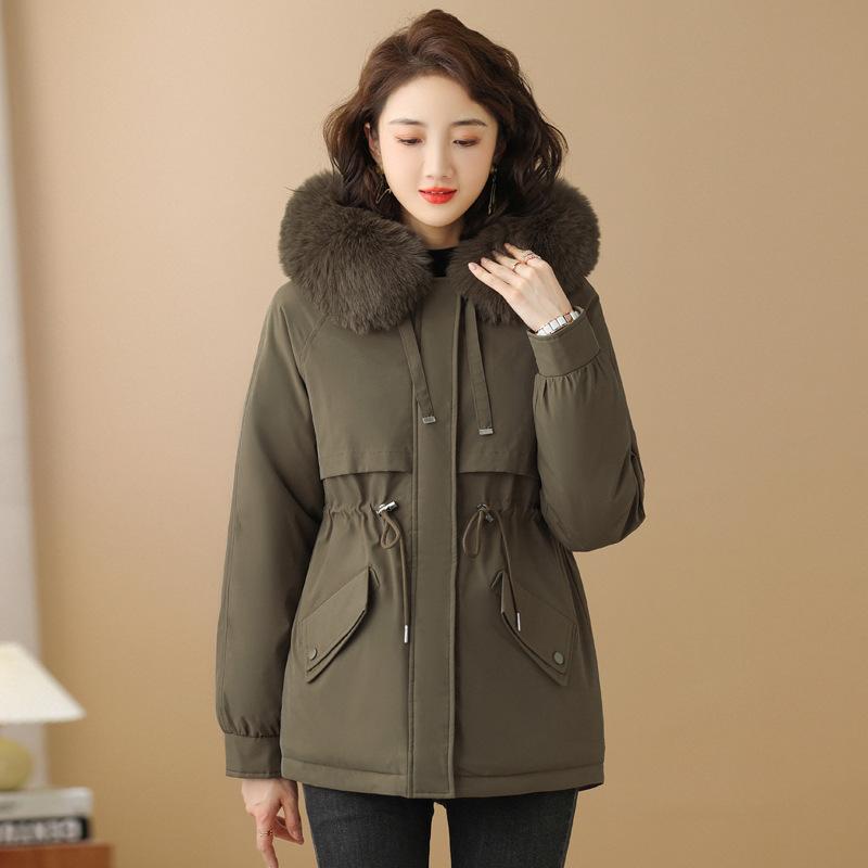 Autumn and winter women's hooded big fur collar pie to overcome waist and thin windproof cotton clothing supply