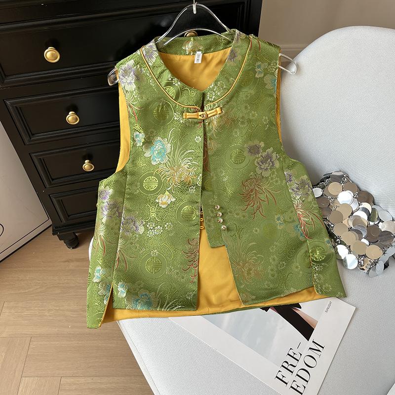 

2025 новый продукт пряжка античный жилет верхняя одежда с принтом вышивка многослойный жилет женский XXXL [Recommended 138-75kg] зелёный