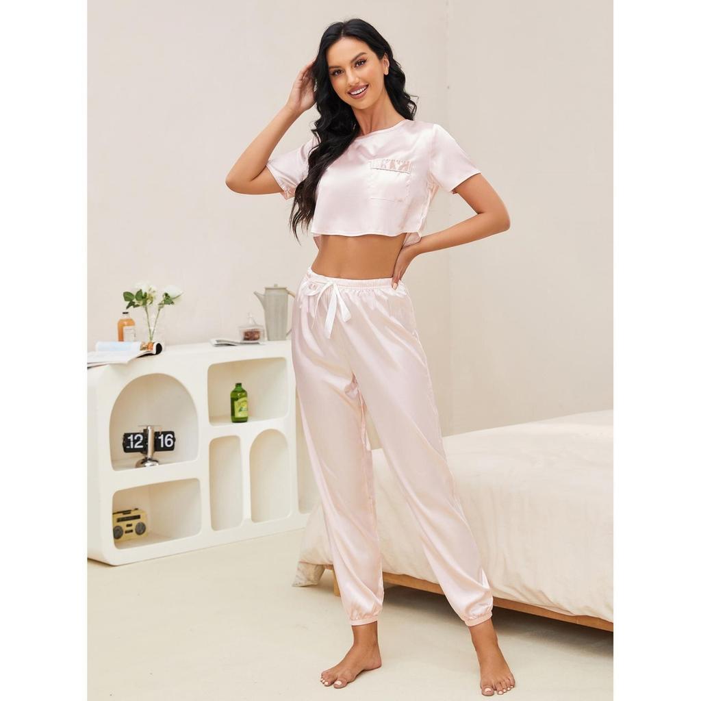 Women Spring and Autumn Summer Two Pieces Pajamas Set Short Sleeve Top Pants with O-Neck Bow Pullover Homewear Thin Soft Solid