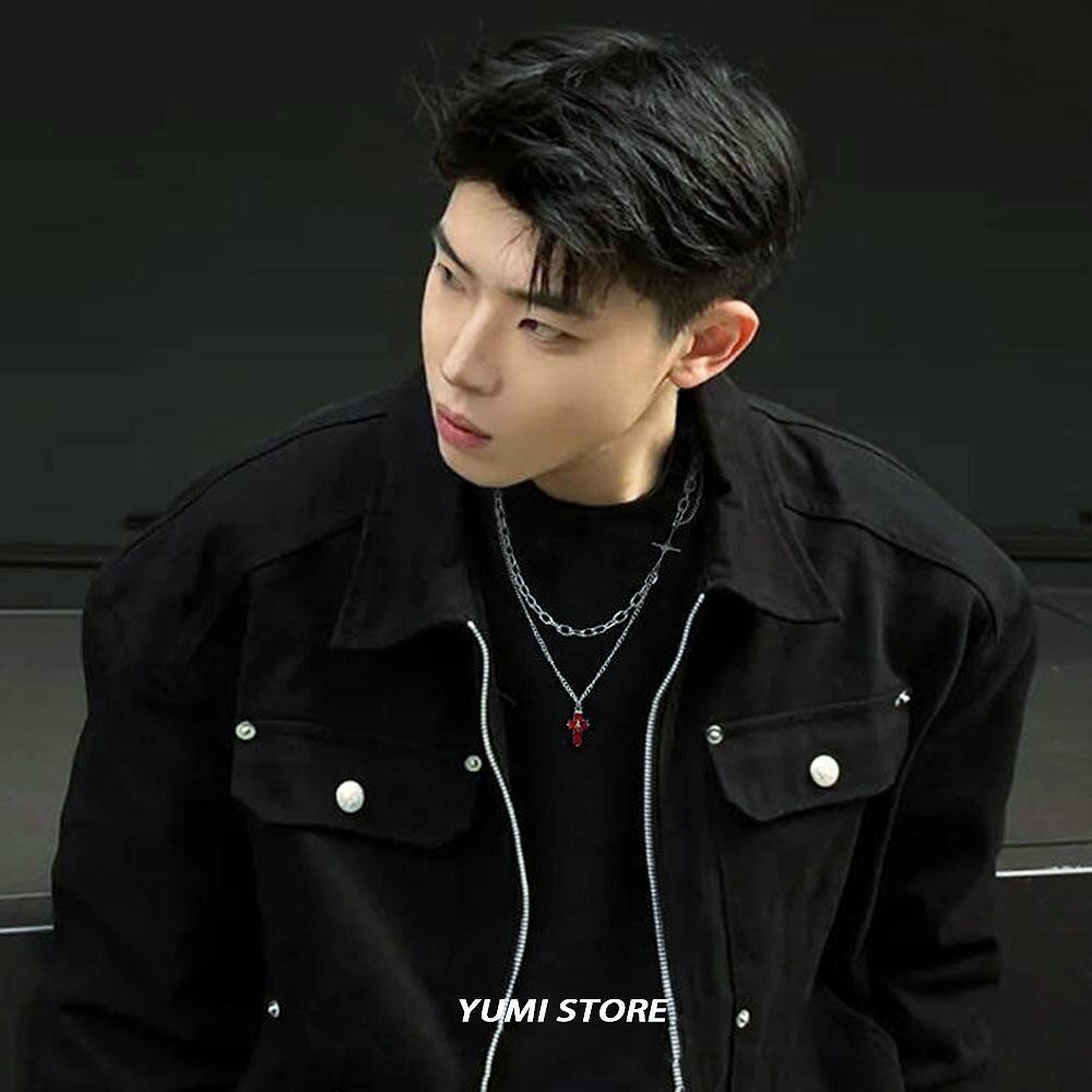 Titanium Steel Bright Red Cross Necklace for Man Trend Double-layer Collarbone Choker Male Pendant Kpop Gift Wholesale