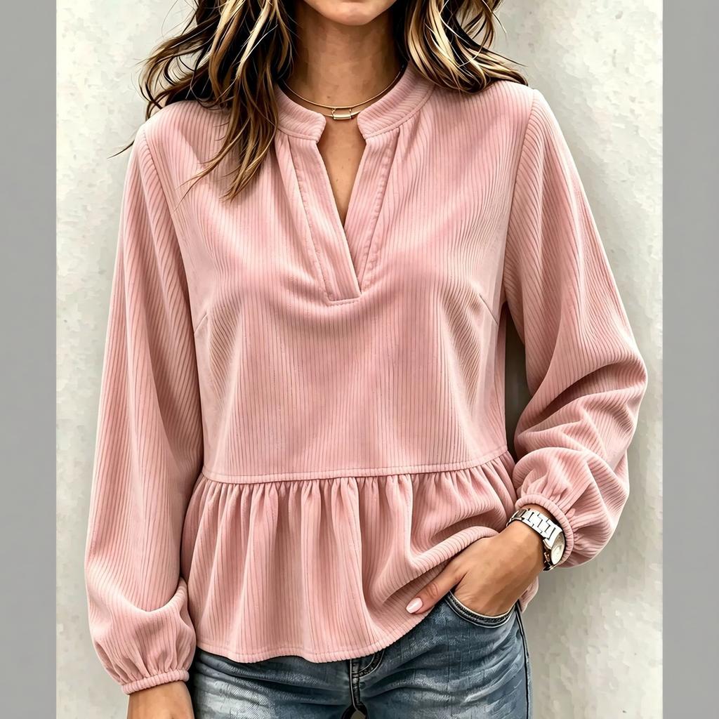 Women's Casual Corduroy V-Neck Ruffle Long Sleeve Top