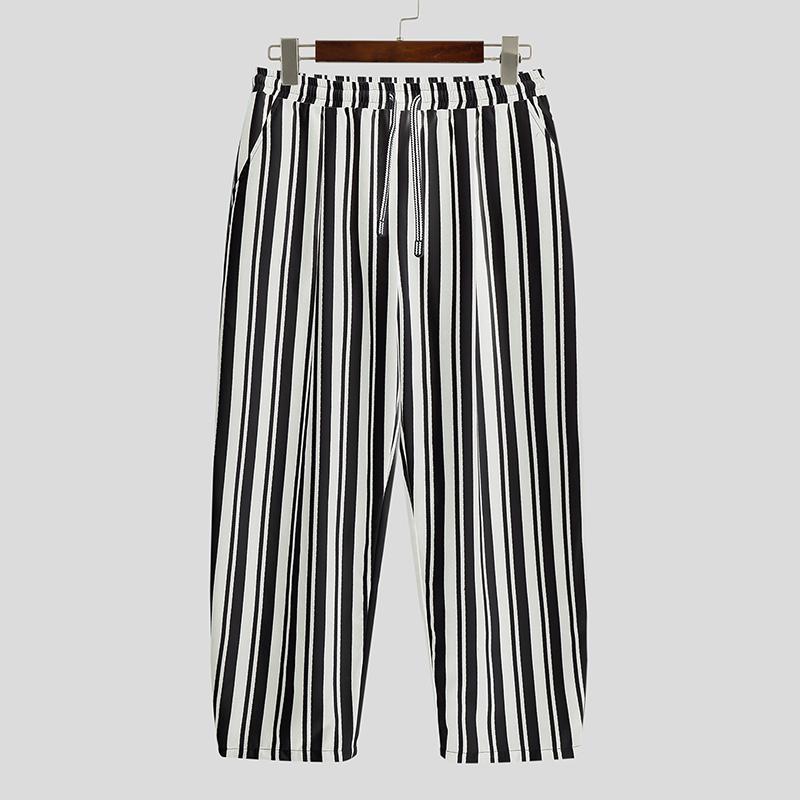 

INCERUN Men Drawstring Elastic Waist Striped Casual Long Wide Legs Pants Trousers 4XL