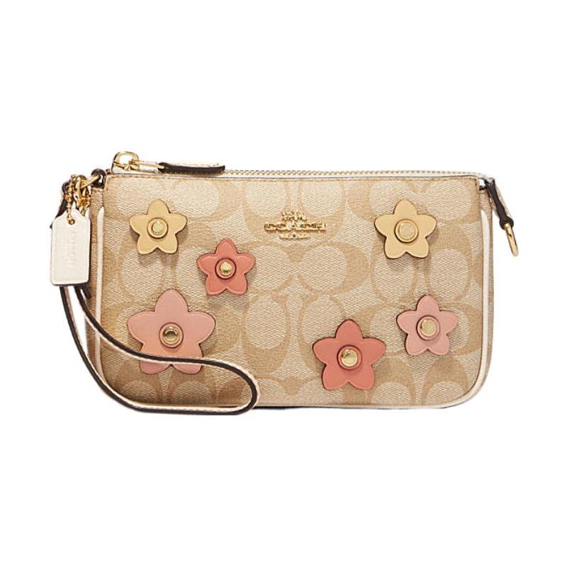 COACH Nolita 19 Classic Logo Floral Intarsia Zip Closure PVC Clutch Small Women s Khaki коричневый