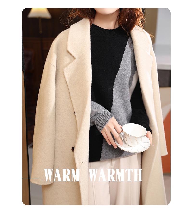 2024 Women's Elegant Color Block Wool Knit Pullover - Round Neck Loose Casual Sweater