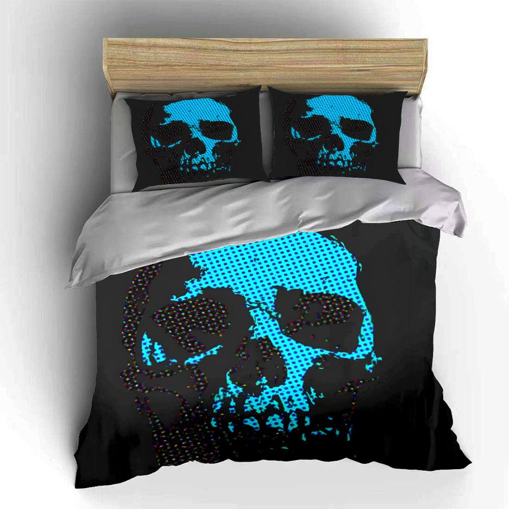 3Pcs Glitter Mesh Skull Bedding Set, Cyan Dot Punk Skeleton Print Duvet Cover Pillowcases Single Double King Queen, Gift