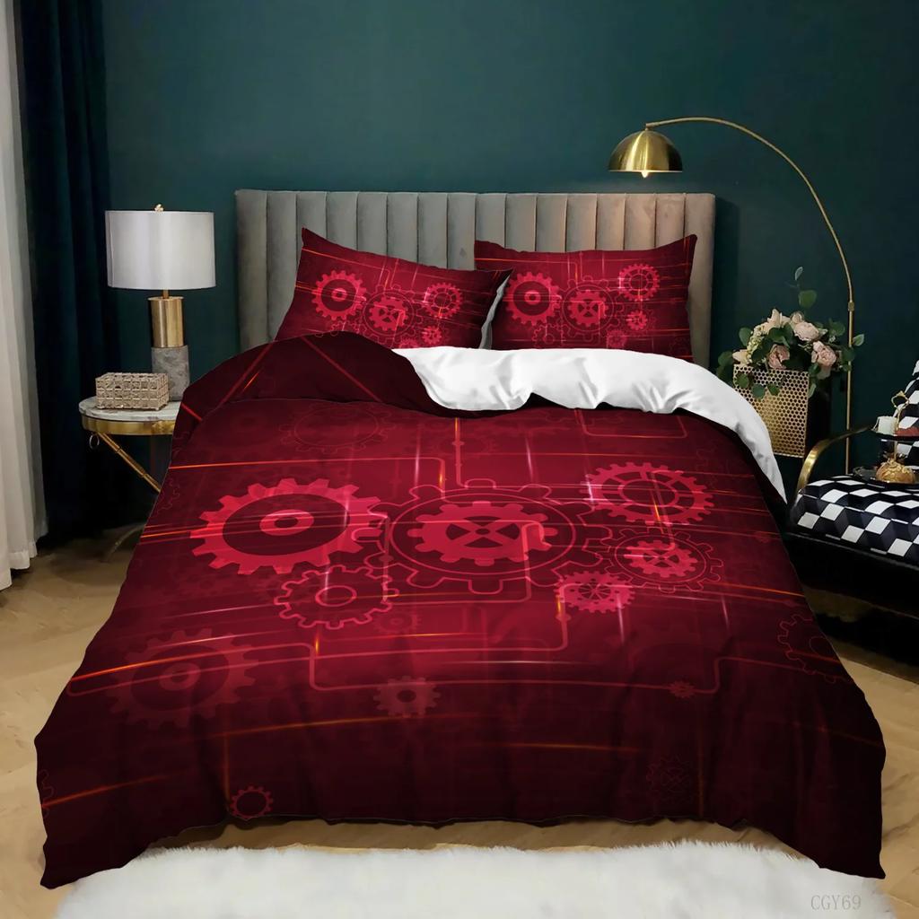 Industrial Gear Bedding Steampunk Style Duvet Cover King Queen Metal Mechanical Device Polyester Quilt Cover for Teens Men Black