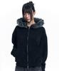 Easy No Easy Ribbed Knit Fur Zip-Up Hoodie - Black