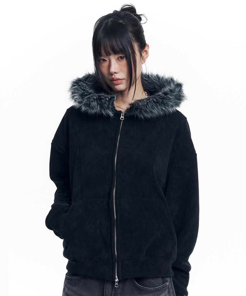 Easy No Easy Ribbed Knit Fur Zip-Up Hoodie - Black