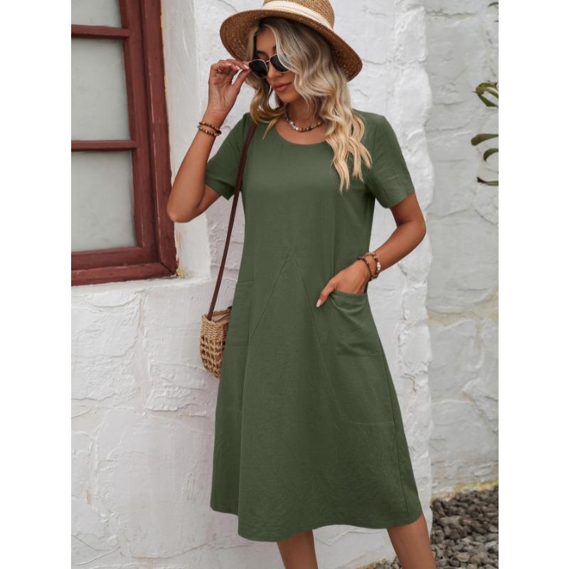 Fashion Loose Round Neck Short Sleeve Dress Pockets Solid Color Casual A-line Summer Dress Party Sweet Casual Simple Clothing