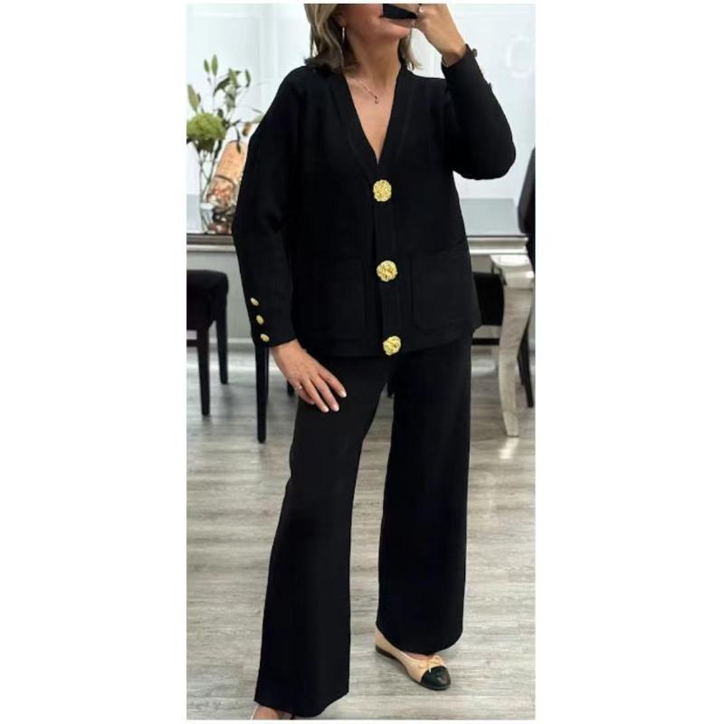 JKASHDK Women's Fashion Casual Spring Autumn Solid Color Print Long Sleeve V-Neck Trousers Pants Suits