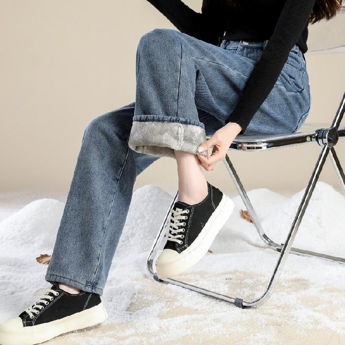 Women s High Rise Fleece Lined Straight Leg Wide Leg Denim Jeans Warm Winter Casual Trousers XS