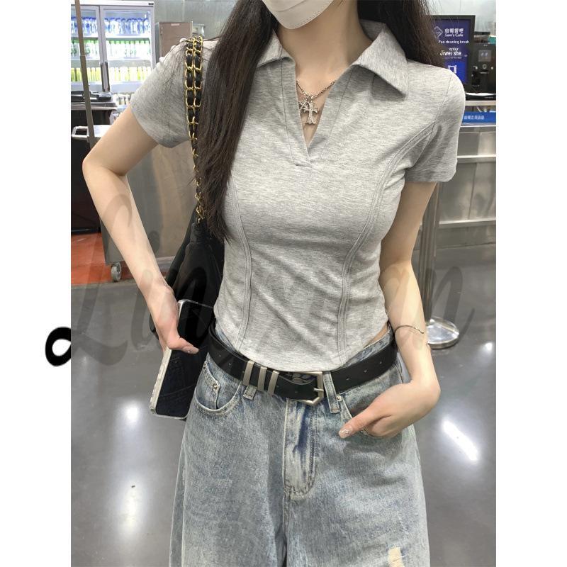 

Korean Style Slim Fit Polo Collar Short Sleeve Top for Women Small серый