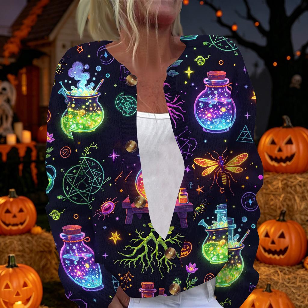 Damen Halloween Print Langarm Strickjacke mit Knopfleiste für Herbstliche Festliche Anlässe