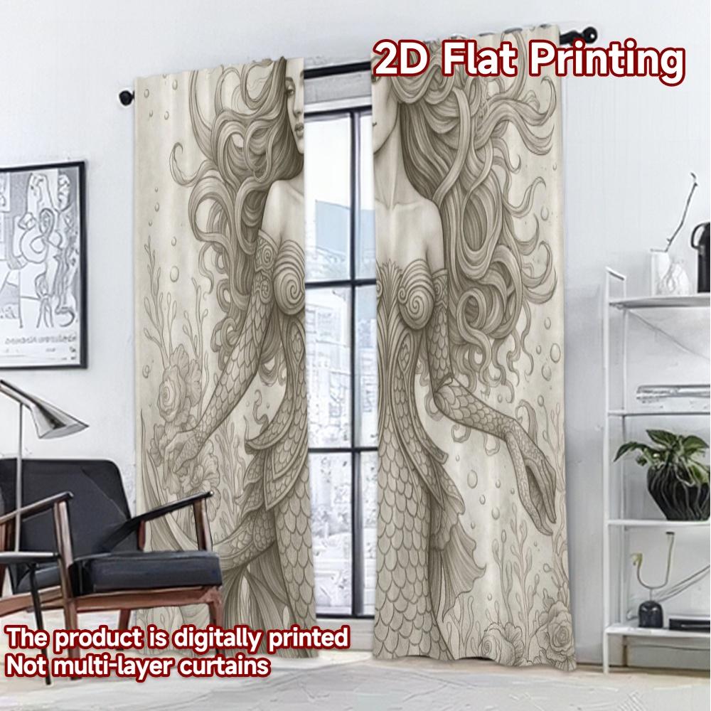 2D FLAT PRINTING 2pcs Curtains (Without Rod) Mermaid with Flowing Hair Light Filtering Popular Curtains Versatile 100% Polyester