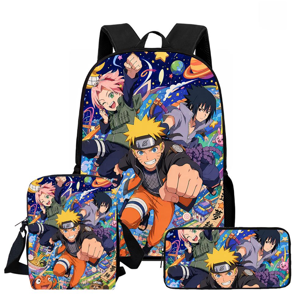 3Pcs Set Kids Backpack with Crossbody Bag & Pencil Bag, Cartoon NARUTO Lightweight School Bag for Boys & Girls Aged 5-9