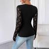 Frühling Neue frauen Einfarbig Spitze Nähte Langarm Dünnes T-Shirt Top Frauen