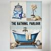 Vintage 'THE BATHING PARLOUR' Metal Tin Sign, Blue Clawfoot Bathtub Whimsical Retro Bathroom Decor, Gold Accent, Seashells & Ros
