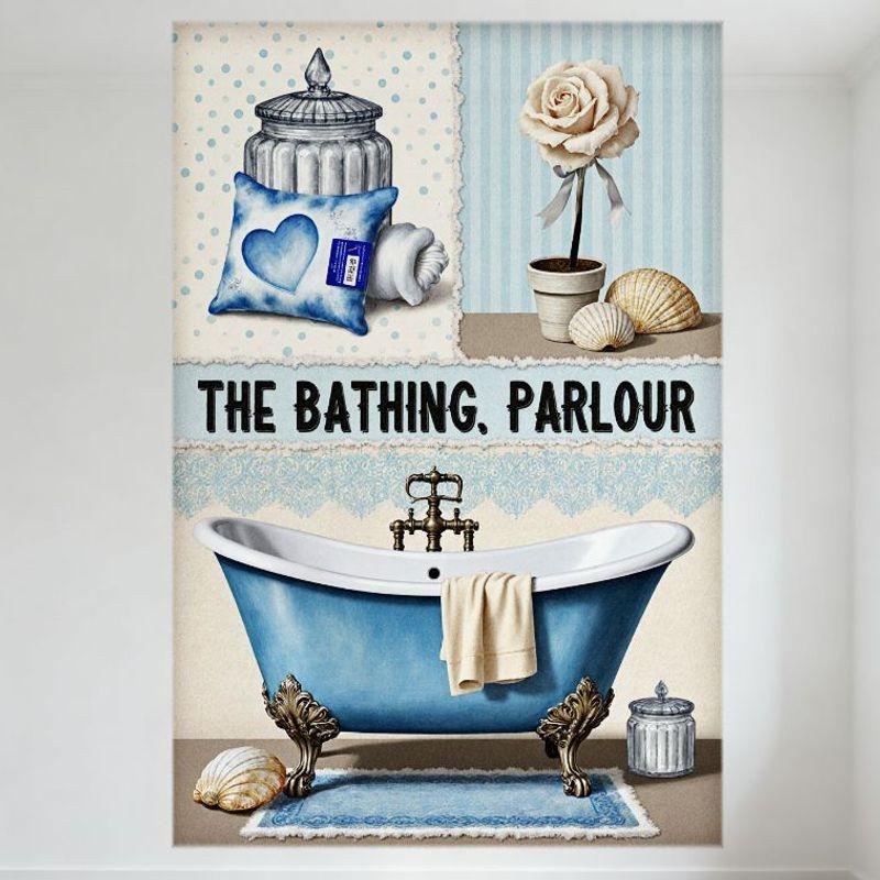 

Vintage THE BATHING PARLOUR Metal Tin Sign, Blue Clawfoot Bathtub Whimsical Retro Bathroom Decor, Gold Accent, Seashells & Ros 20x30cm（7.8x11.8inch）