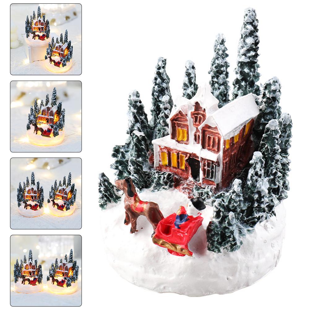 Decoraciones en miniatura para fiestas de Navidad, figuras de casa de pueblo navideñas, mesa de comedor luminosa para escritorio del hogar, manualidades de bricolaje, jardín de hadas