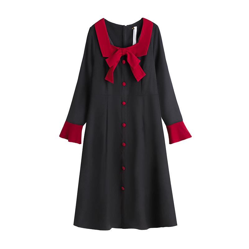 

Plus Size 130-300 jin Women s Chubby MM Retro Long Sleeve Dress with Waist Cinch & Bowknot 2XL (130-160 jin)