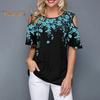 Damen T-Shirt Rundhalsausschnitt Kalte Schulter Kurzarm T-Shirt Lockere Passform Blumendruck Lässiges T-Shirt Für Den Alltag